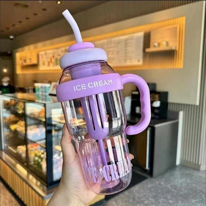 Ice cream Shaped Water Bottle with Handle and Straw